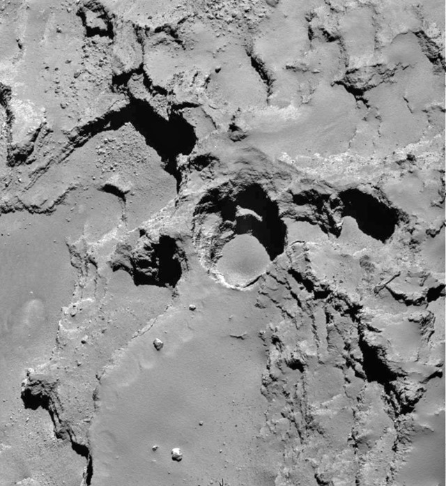 This close-up image shows the most active pit, known as Seth_01, observed on the surface of comet 67P/Churyumov-Gerasimenko by the Rosetta spacecraft. A new study suggests that this pit and others like it could be sinkholes, formed by a surface collapse process similar to the way these features form on Earth.
