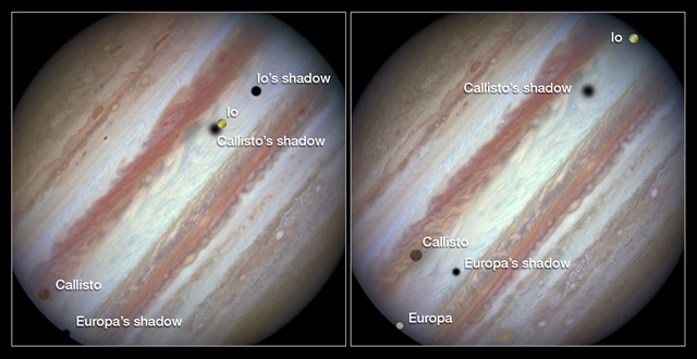 Three moons and their shadows parade across Jupiter — comparison of beginning and end of sequence, with annotations