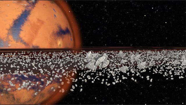 Phobos, a Martian moon, might eventually disintegrate and form a ring around the red planet, according to a new theory by Purdue University scientists. The NASA-funded research indicates that this process of moons breaking apart into rings and then reforming as moons may have happened several times over billions of years. (Image by Purdue University Envision Center.)