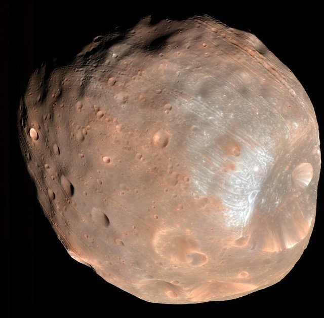 The Martian moon Phobos, seen here in a photo taken by NASA's Mars Reconnaissance Orbiter from 4,200 miles away, may eventually break up and form a ring, according to a new theory by scientists at Purdue University. (NASA photo.)