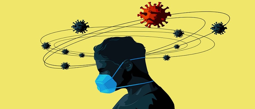 A man wearing a medical face mask thinking about a solution for the covid-19 coronavirus outbreak. Vaccine, global health concept. Vector illustration.