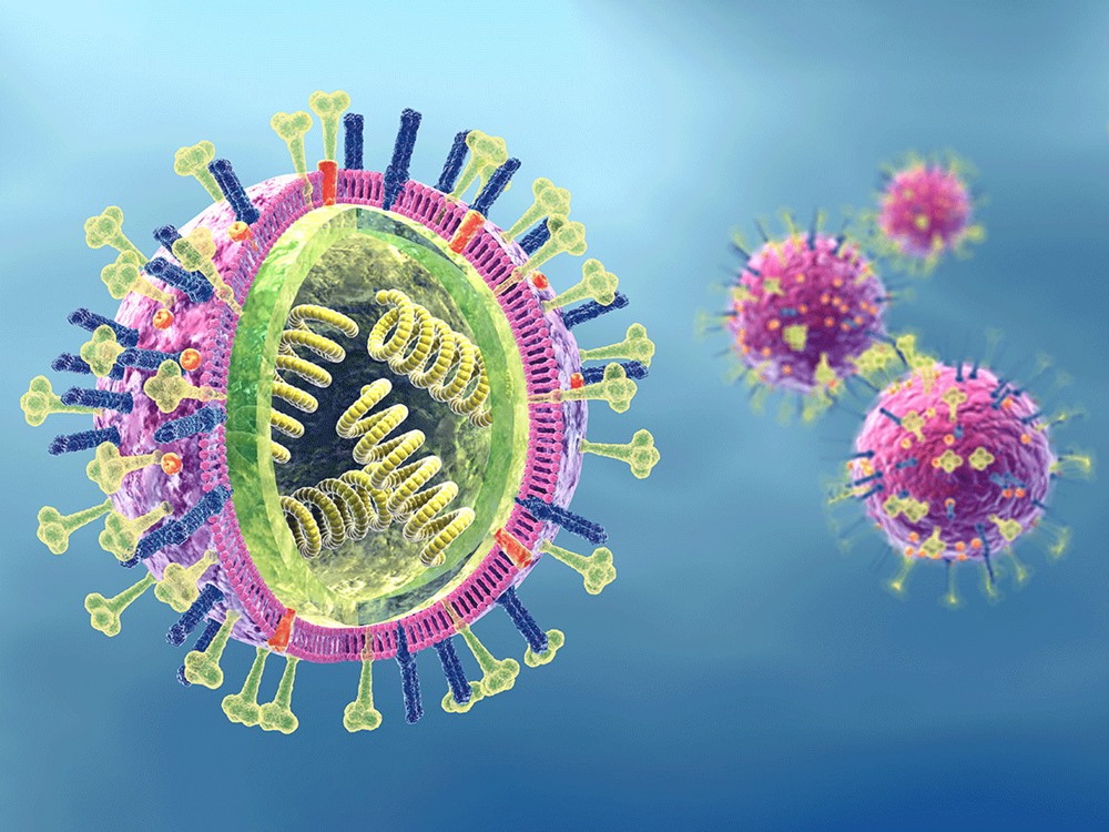 Flu. Influenza viruses with RNA, surface proteins hemagglutinin and neuraminidase, medically 3D illustration