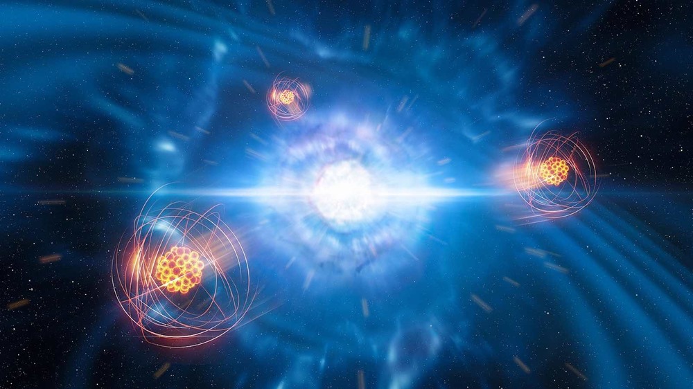 A team of European researchers, using data from the X-shooter instrument on ESO’s Very Large Telescope, has found signatures of strontium formed in a neutron-star merger. This artist’s impression shows two tiny but very dense neutron stars at the point at which they merge and explode as a kilonova. In the foreground, we see a representation of freshly created strontium.
