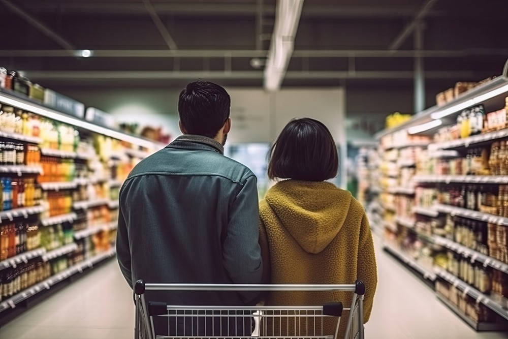 Rear view of young couple shopping in supermarket. Rear view of man and woman standing with shopping cart and looking at shelves with beverages. AI Generated